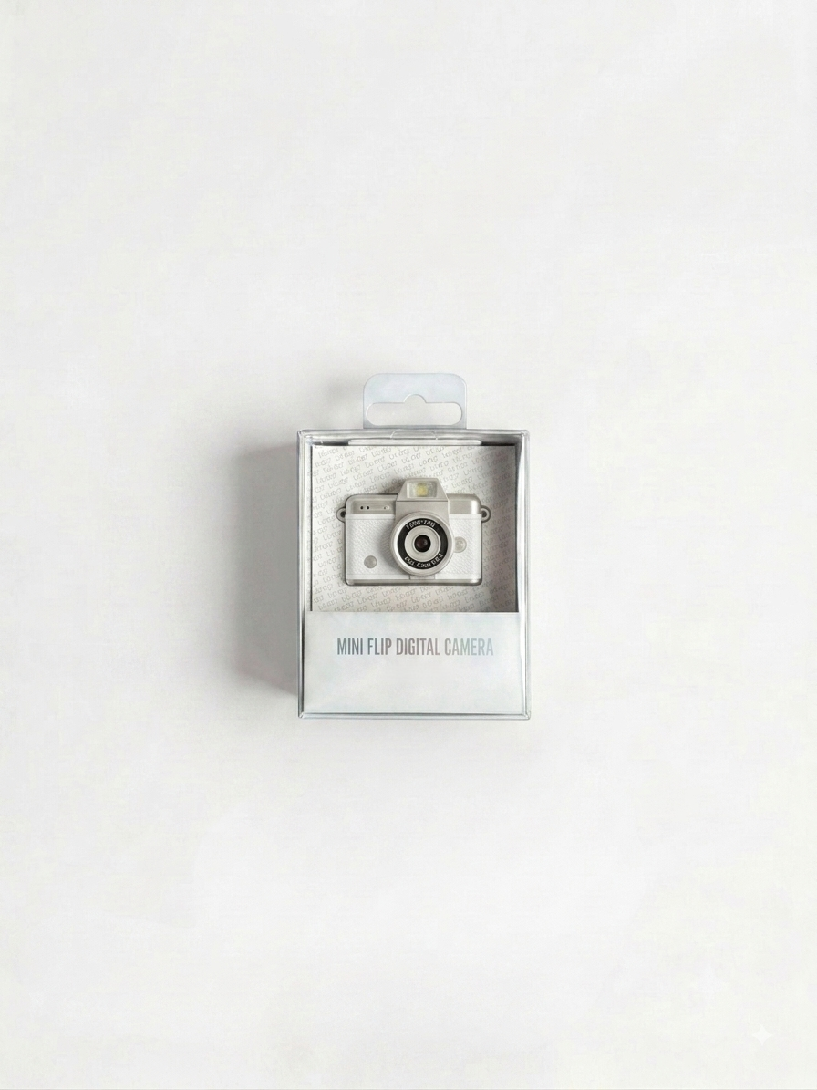 Empaque transparente y caja de presentación de la mini cámara digital vintage en color blanco.