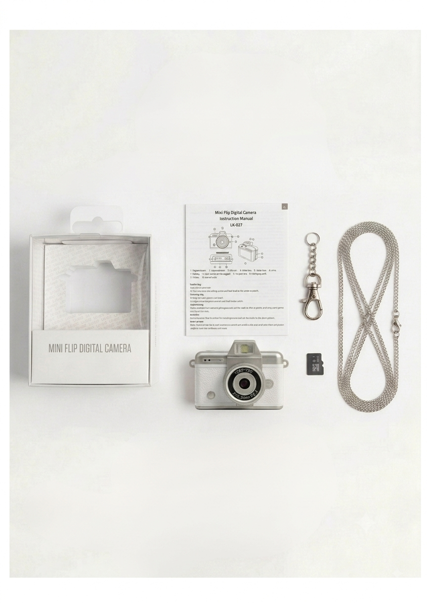 Todos los accesorios y elementos incluidos en el paquete de la mini cámara digital vintage blanca.