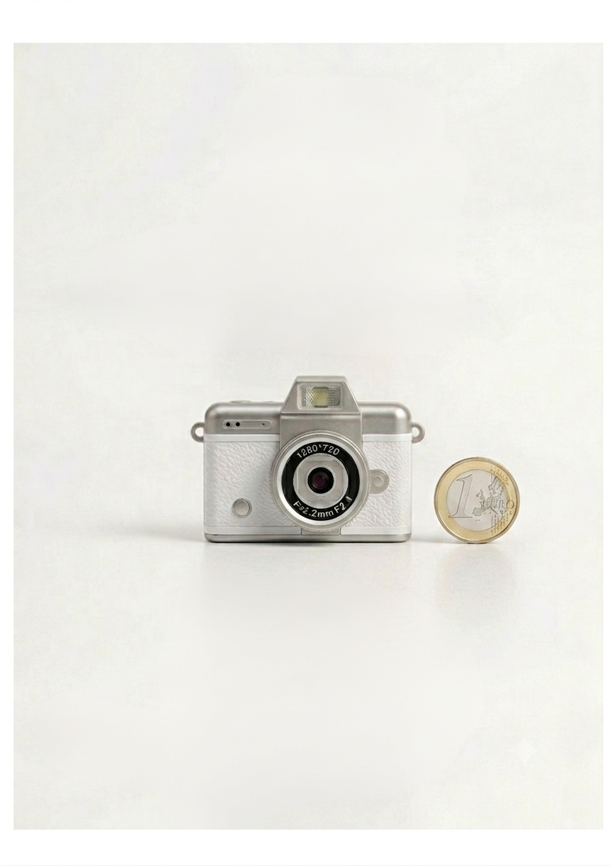 Mini cámara digital vintage color blanco comparando su tamaño compacto con una moneda de un euro.