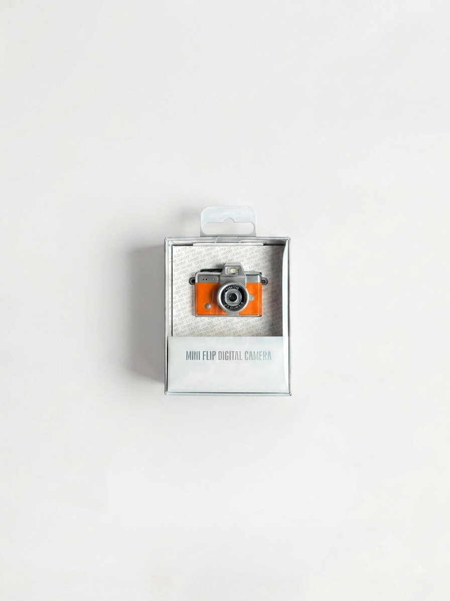 Empaque transparente y caja de presentación de la mini cámara digital vintage en color naranja.