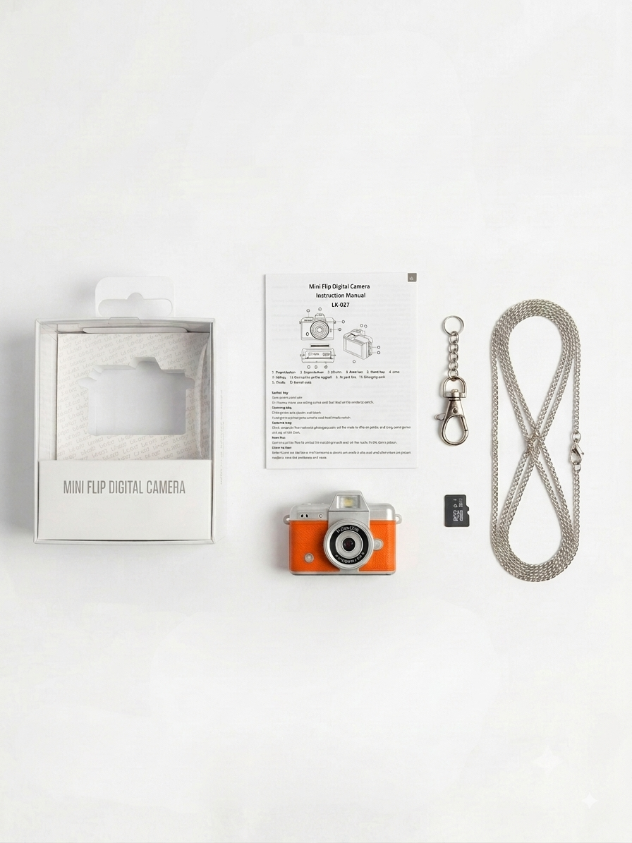 Todos los accesorios y elementos incluidos en el paquete de la mini cámara digital vintage naranja.