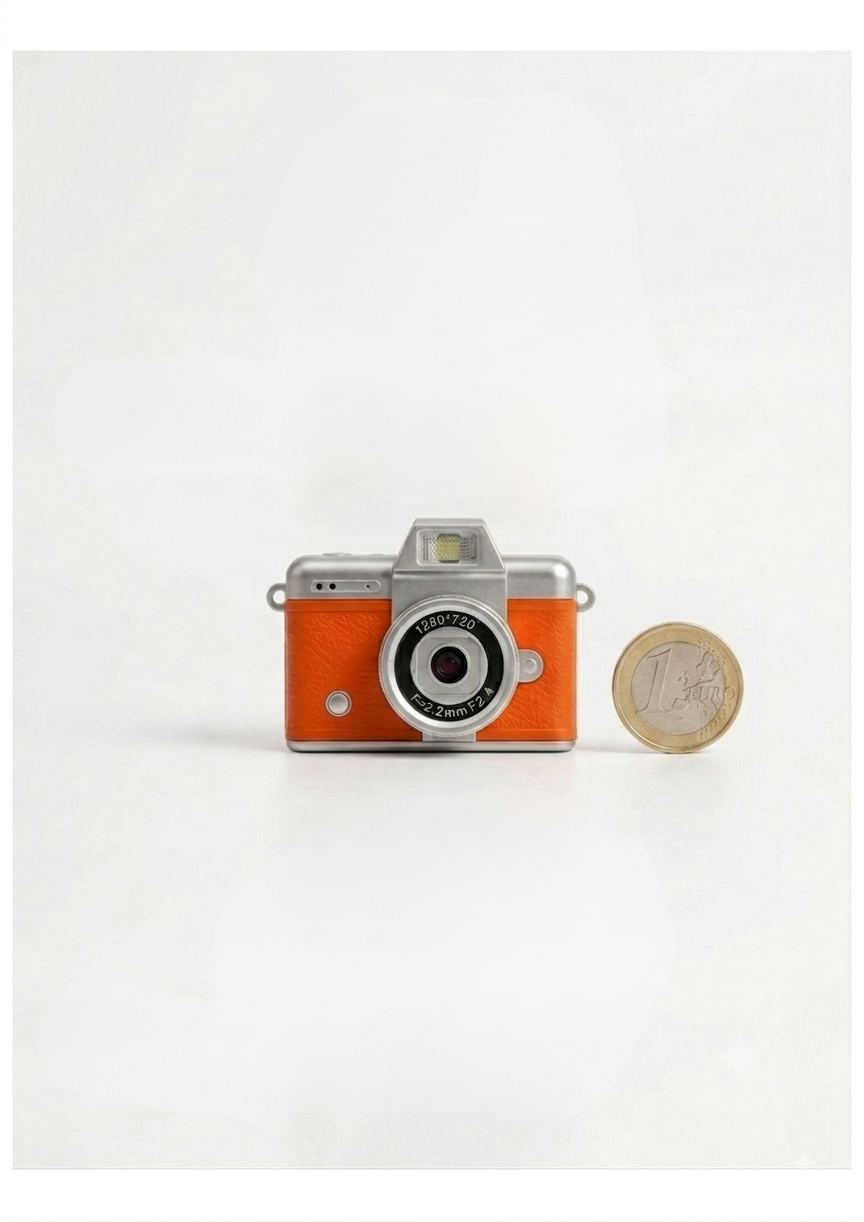 Mini cámara digital vintage color naranja comparando su tamaño compacto con una moneda de un euro.