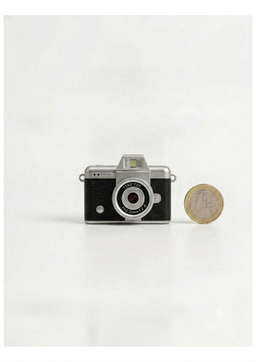 Mini cámara digital vintage color negro comparando su tamaño compacto con una moneda de un euro.