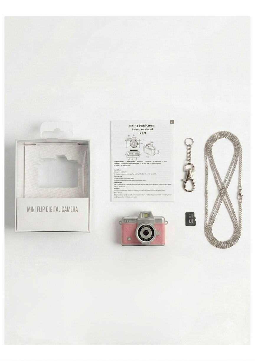 Todos los accesorios y elementos incluidos en el paquete de la mini cámara digital vintage rosa pastel.