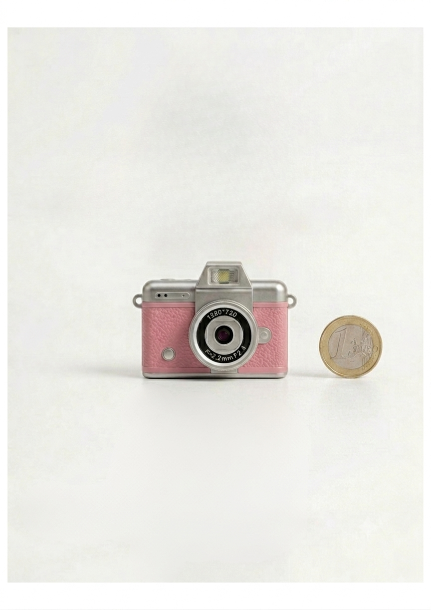 Mini cámara digital vintage color rosa pastel comparando su tamaño compacto con una moneda de un euro.