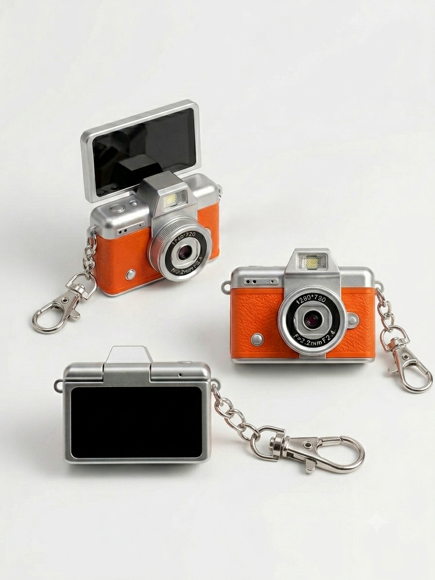 Mini cámara vintage naranja con enganche de llavero