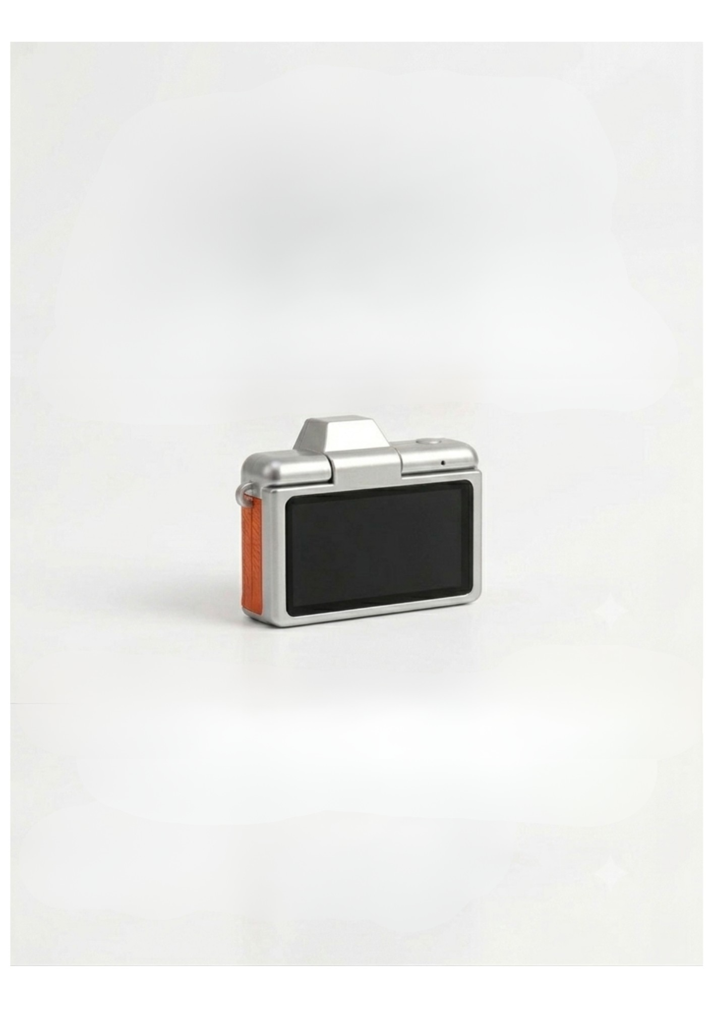 Mini cámara vintage naranja vista trasera y pantalla