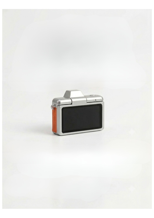 Mini cámara vintage naranja vista trasera y pantalla