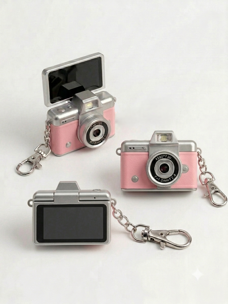 Mini cámara vintage rosa con enganche de llavero