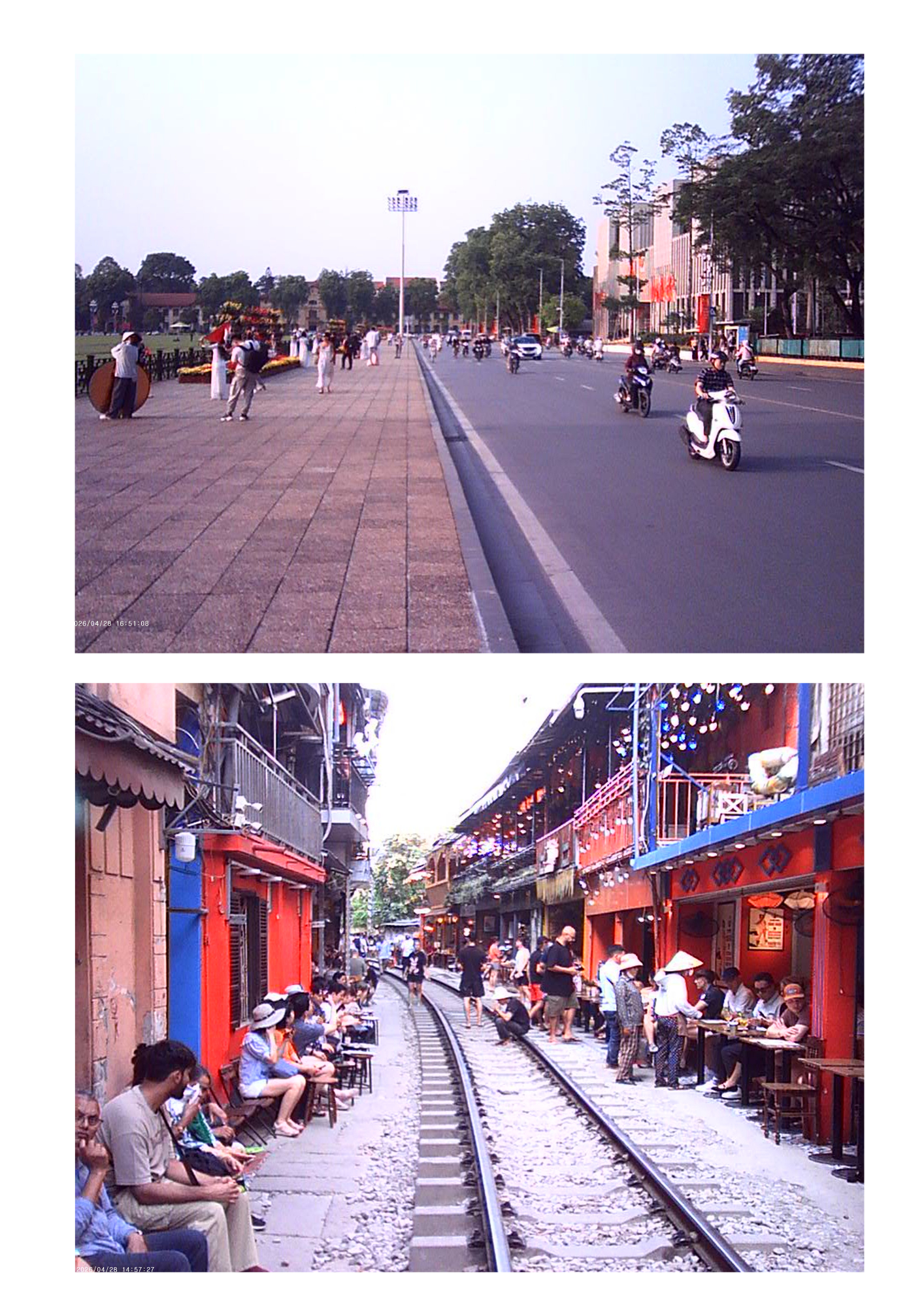 Contraste de viaje estilo retro: vías del tren y calle de ciudad con motos